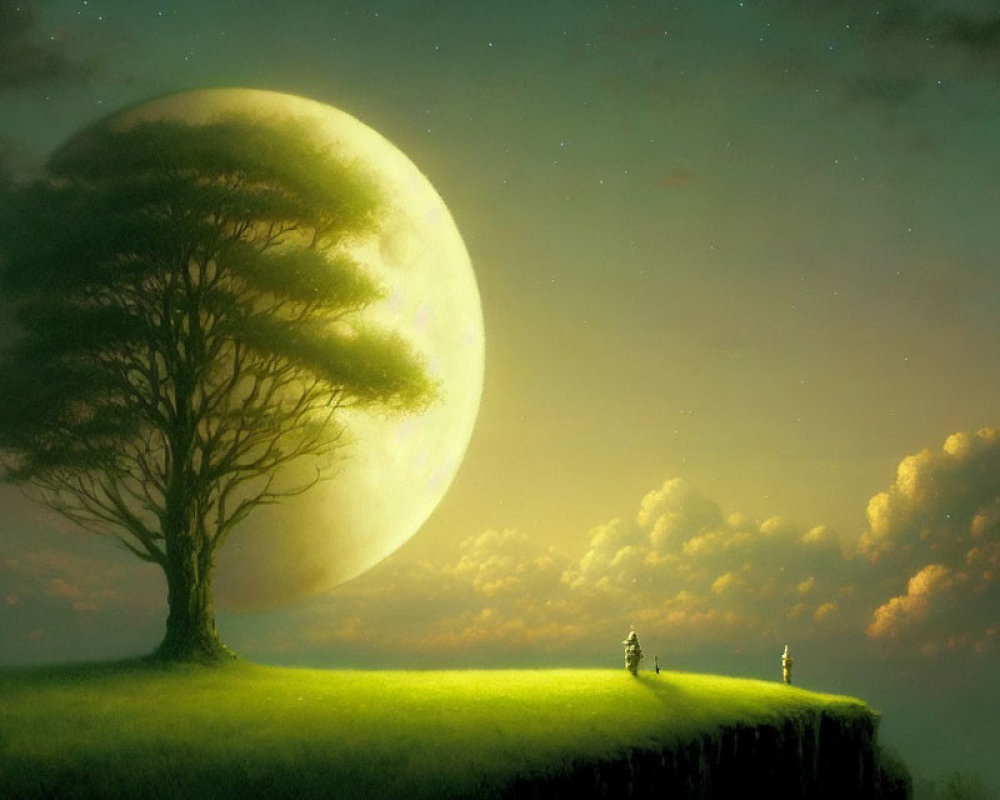 Surreal landscape with moon, tree, figures, grassy hill, stars, clouds