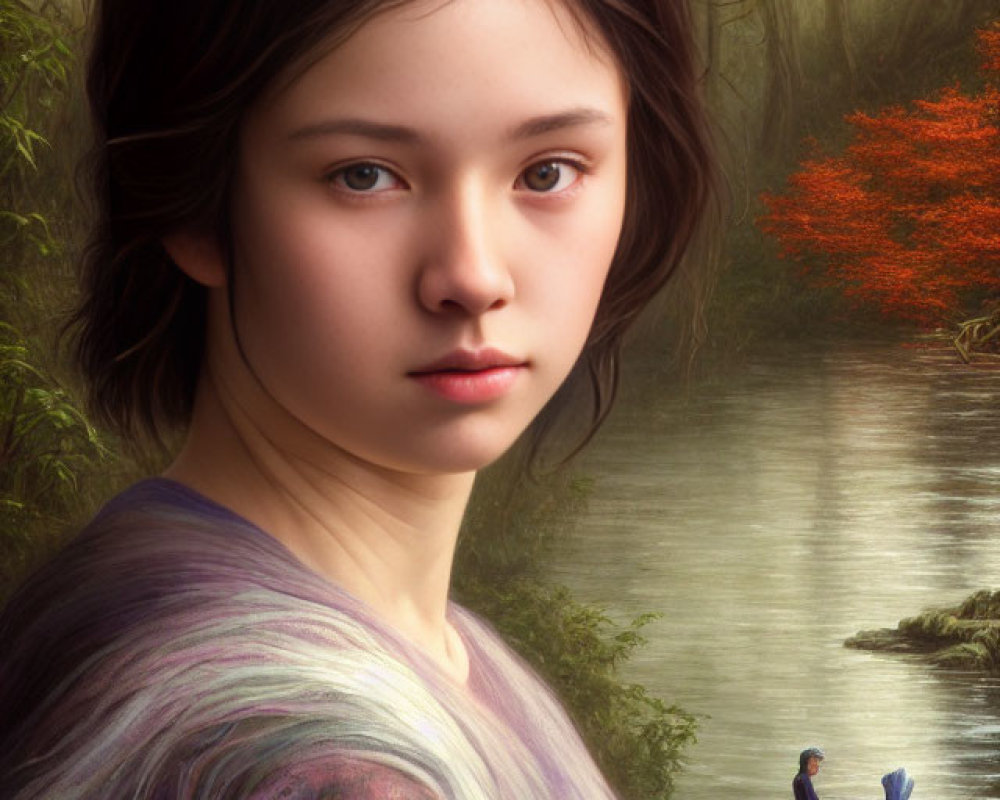 Young woman by forest river with duck: serene portrait.
