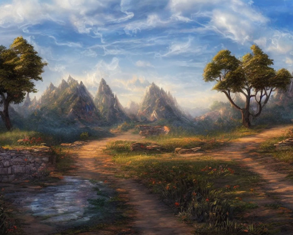 Scenic landscape with dirt path, trees, ruins, and mountains
