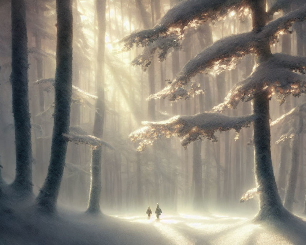 Snowy forest scene: Two figures walking on path under sunbeams