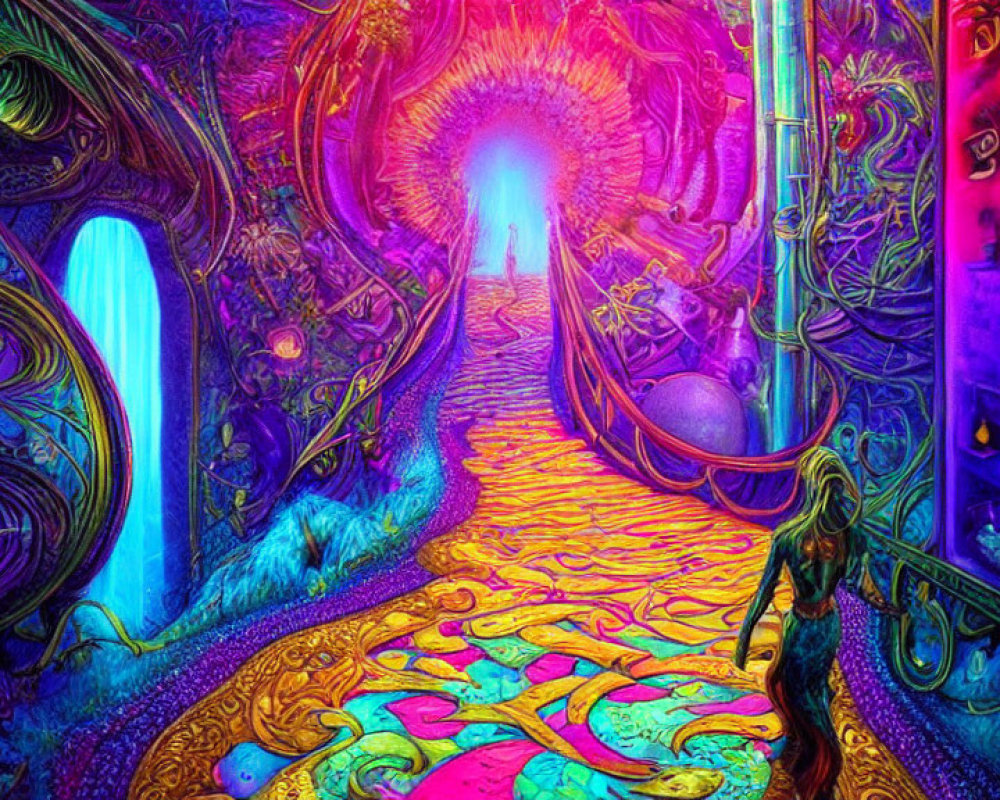 Colorful Psychedelic Pathway with Figure and Portal