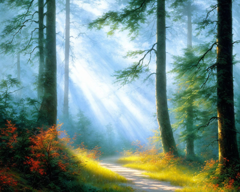 Sunlit Forest Path with Mist, Tall Trees, and Red Foliage