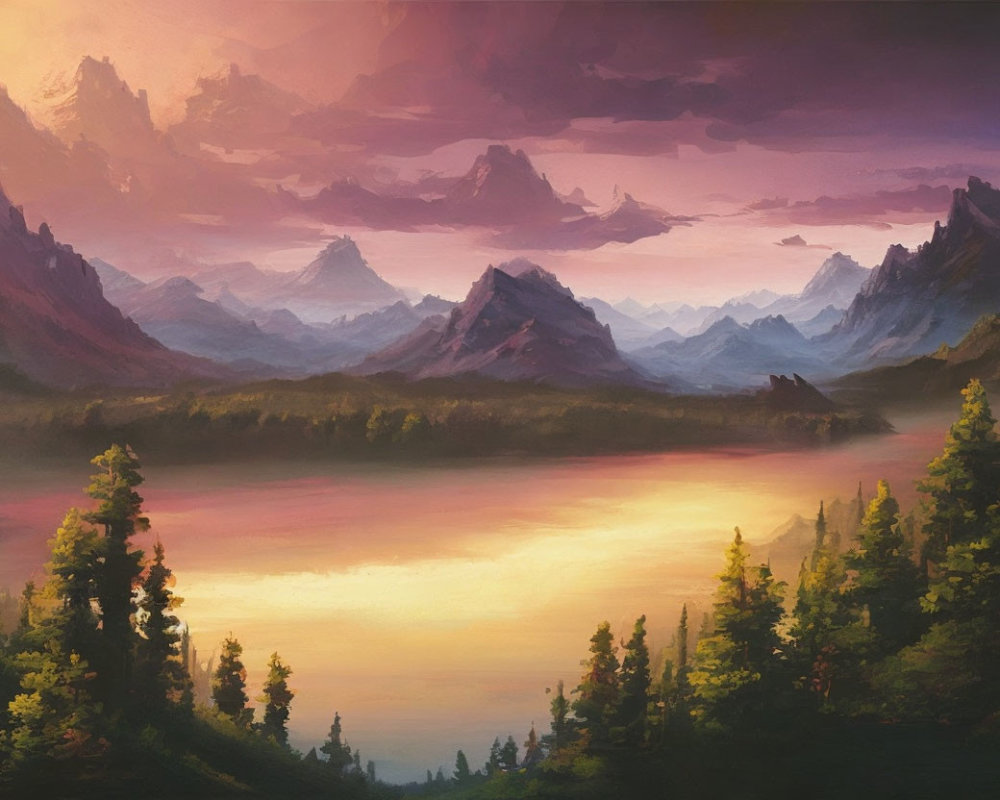 Tranquil landscape painting of sunrise or sunset over lake
