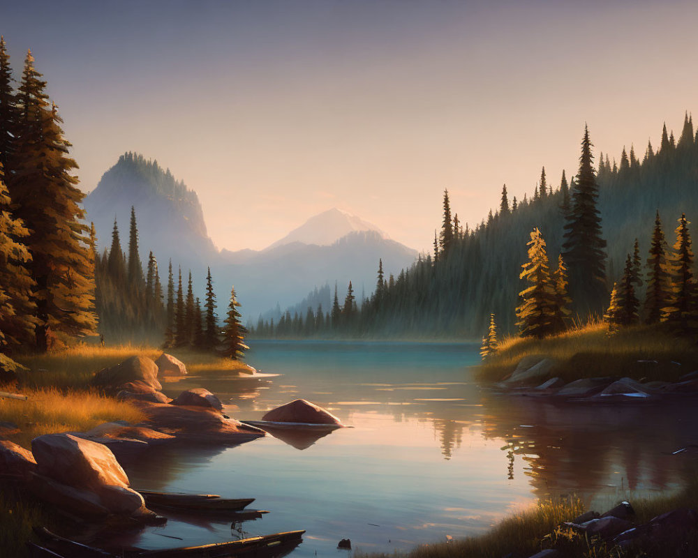 Tranquil sunrise scene of misty mountain lake with forested shores and rocky peaks reflected in calm