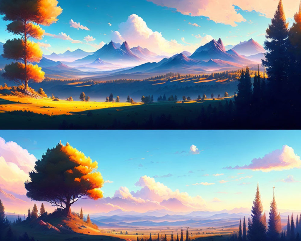 Vibrant autumn landscape with mountains and day-to-night transition.