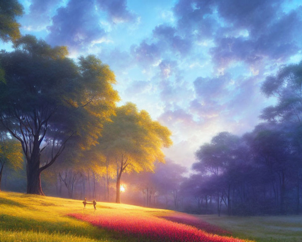 Tranquil landscape with dog on flower-lined path at sunrise