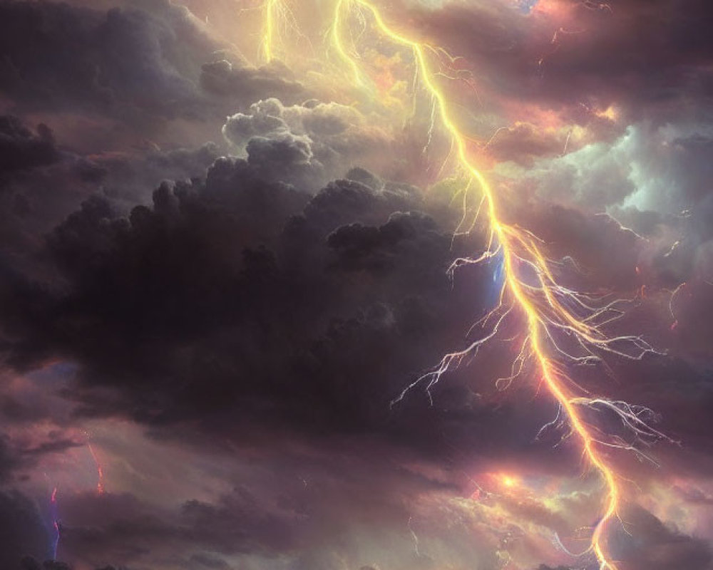 Dramatic lightning bolt in stormy sky over serene landscape