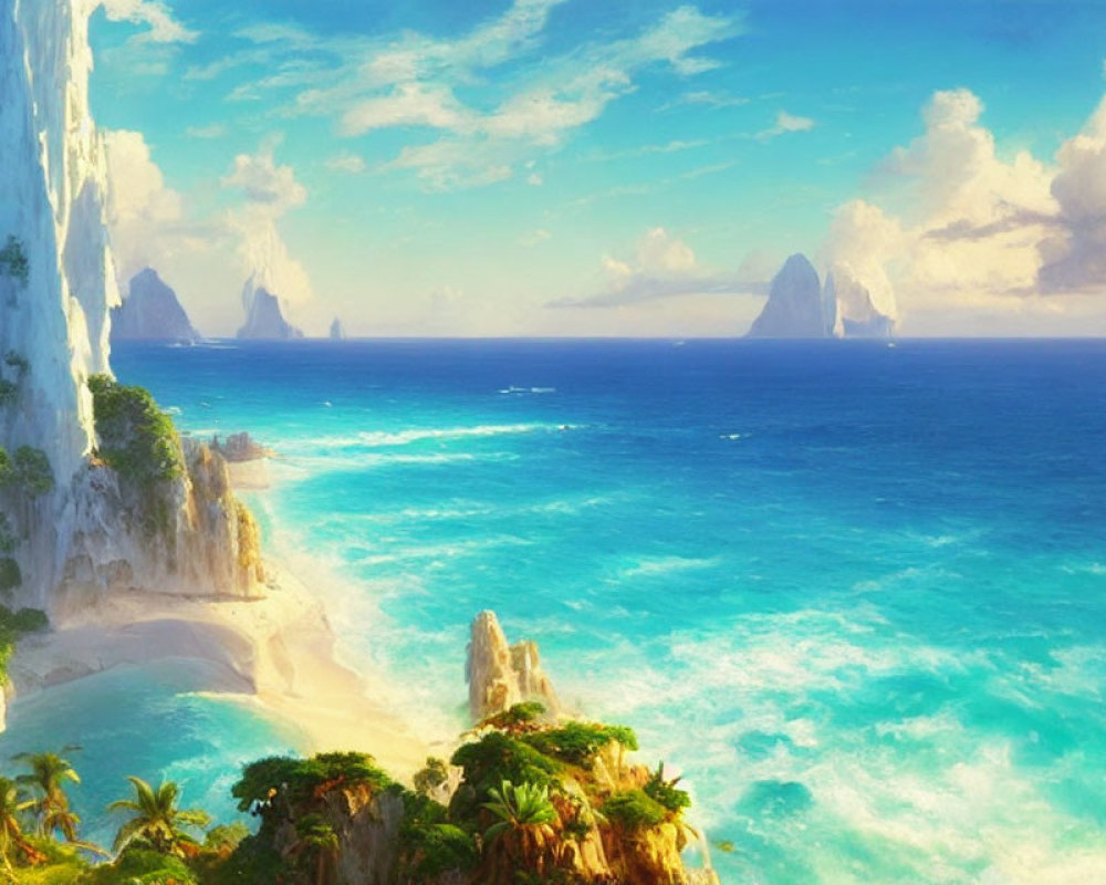 Tropical seascape with towering cliffs and lush greenery