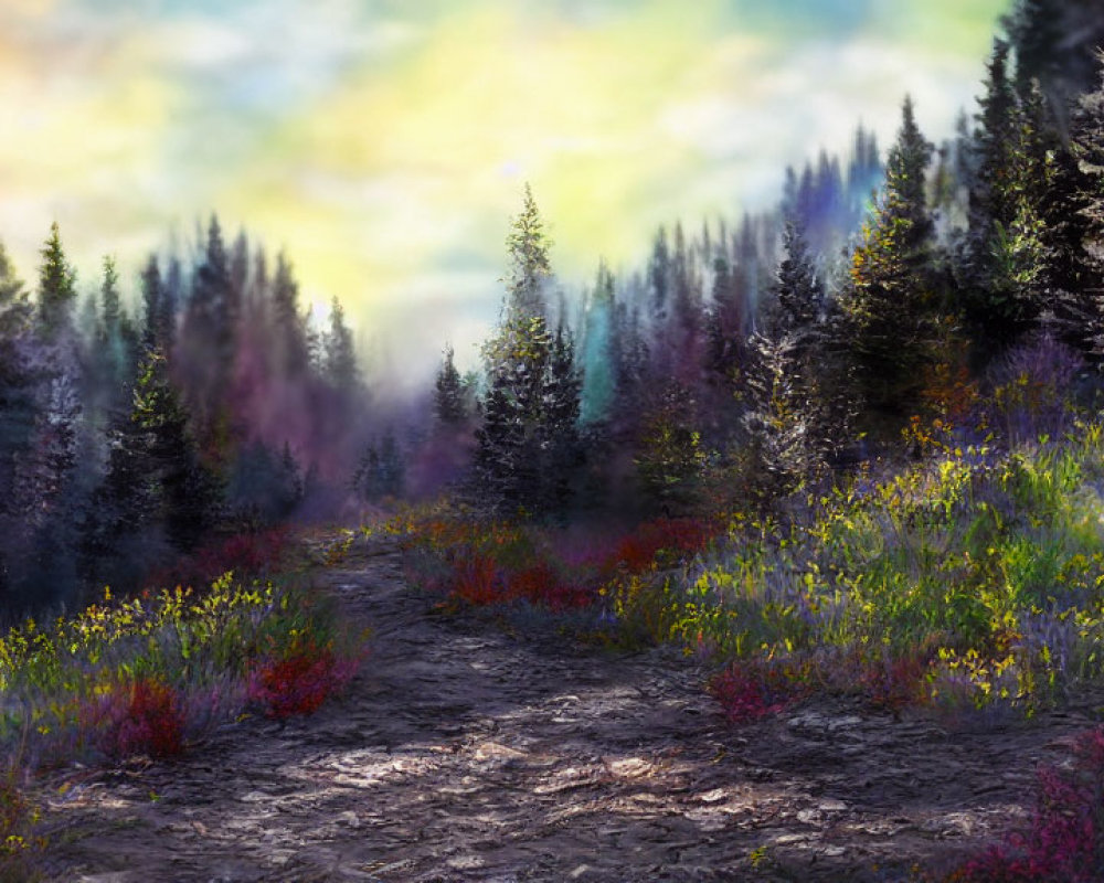 Forest Landscape with Dirt Path and Wildflowers at Dawn/Dusk