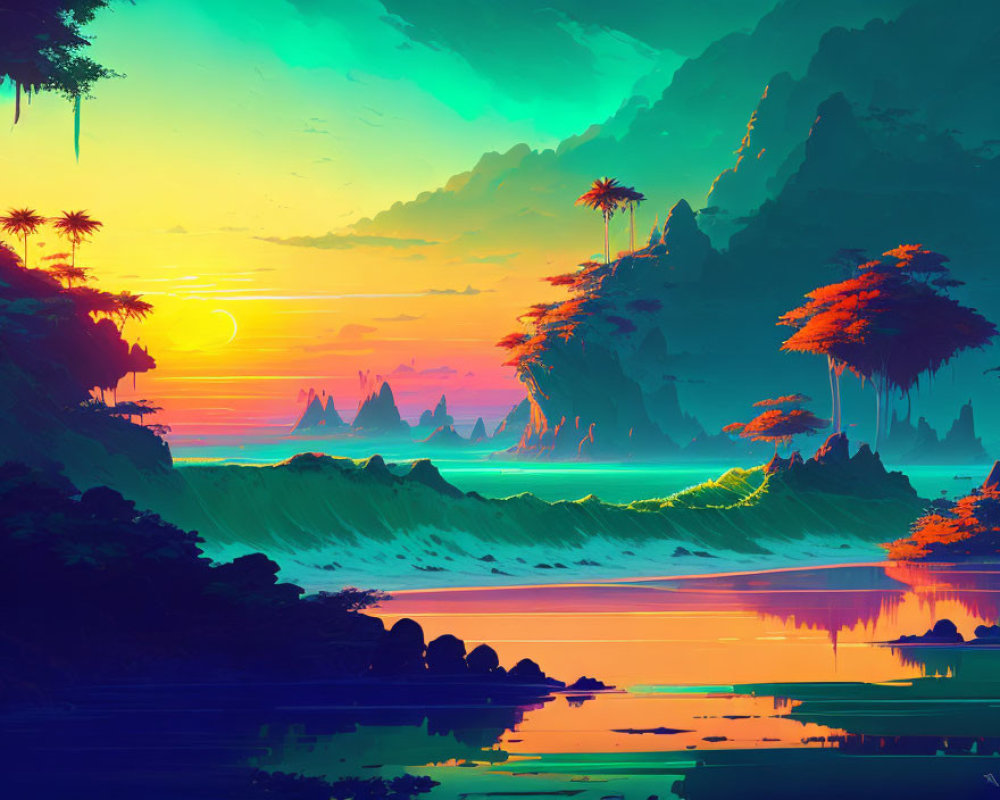 Colorful digital art: Sunset scene with neon hues, calm sea, cliffs, trees, teal and