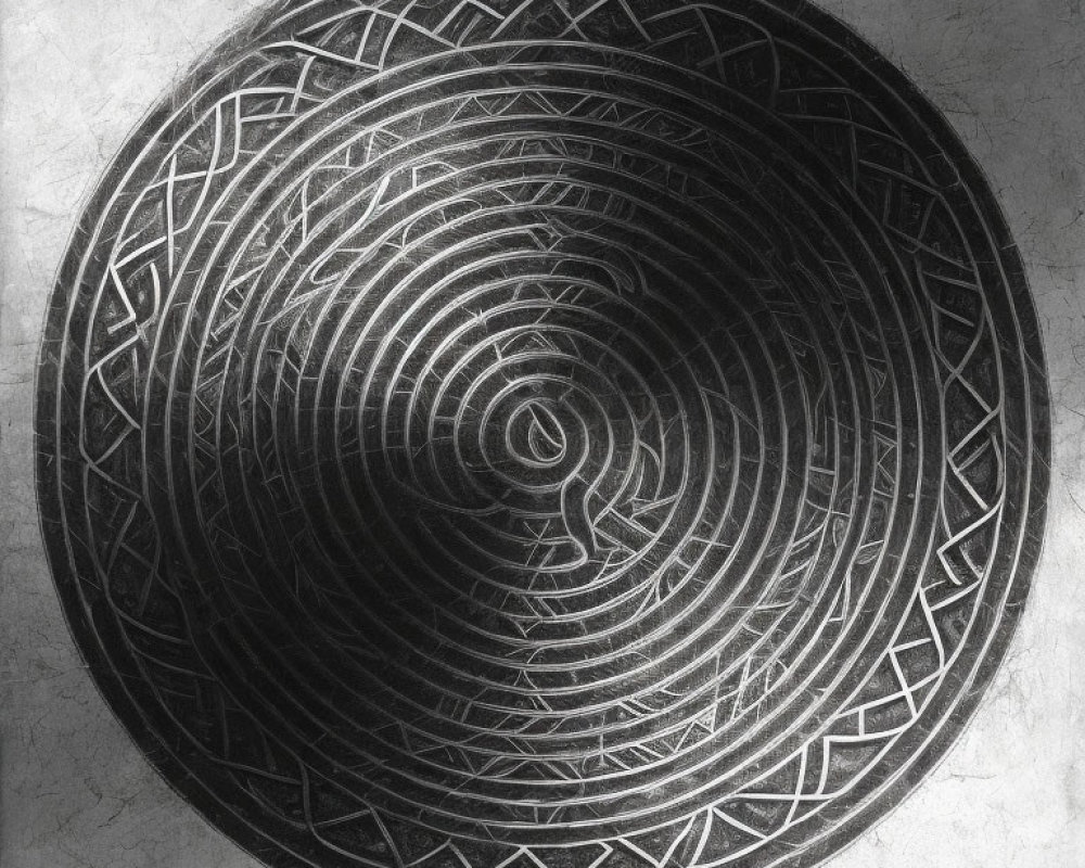 Monochromatic circular maze pattern with geometric designs on textured surface