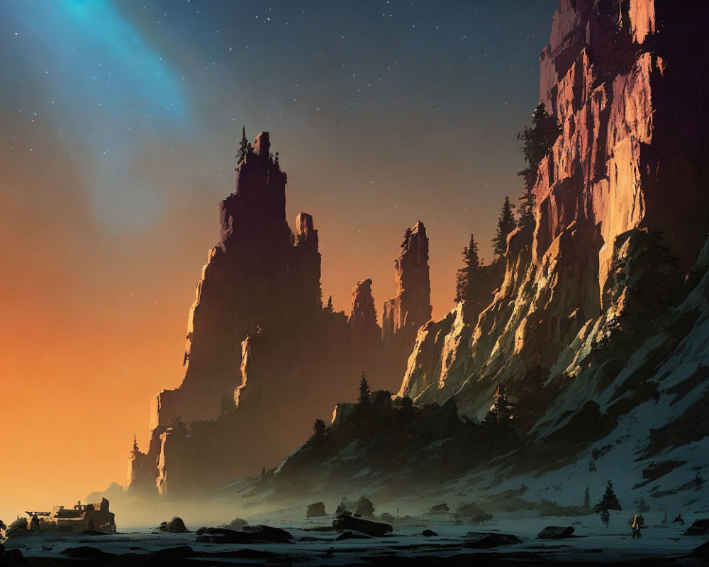 Majestic sunset landscape with towering cliffs and figures exploring.