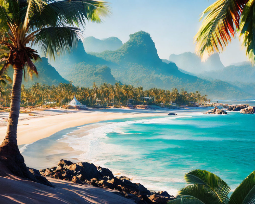 Tropical Beach Scene with Palm Trees, White Sand, Turquoise Waters, and Mountainous Backdrop