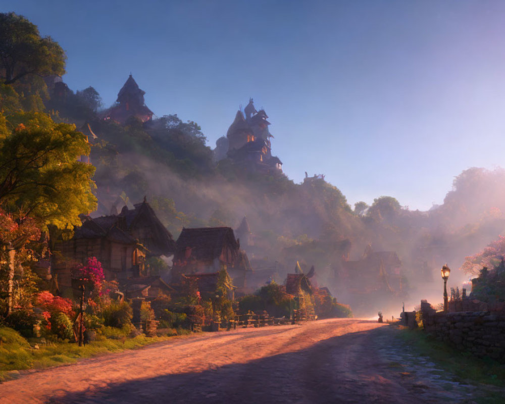 Tranquil village at sunrise with cobblestone pathways and magical backdrop
