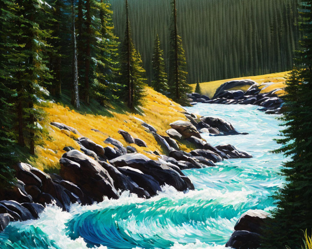 Mountain Stream Painting with Blue Waters and Pine Trees