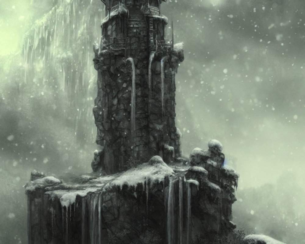 Ancient tower on snow-covered cliff with waterfall in misty atmosphere
