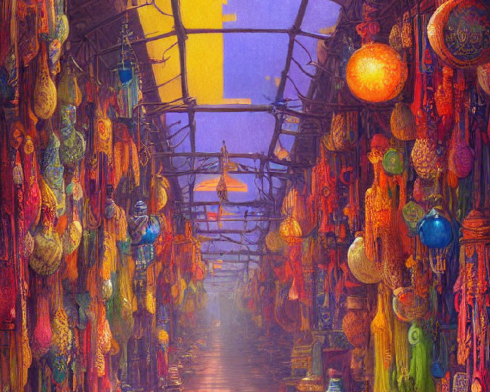 Colorful lanterns, intricate lamps, and pottery at vibrant market