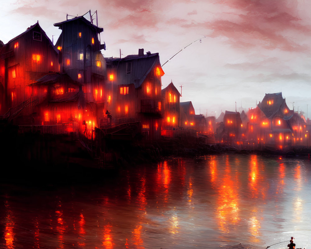 Stilt houses lit by warm lights on misty waterfront with lone figure fishing