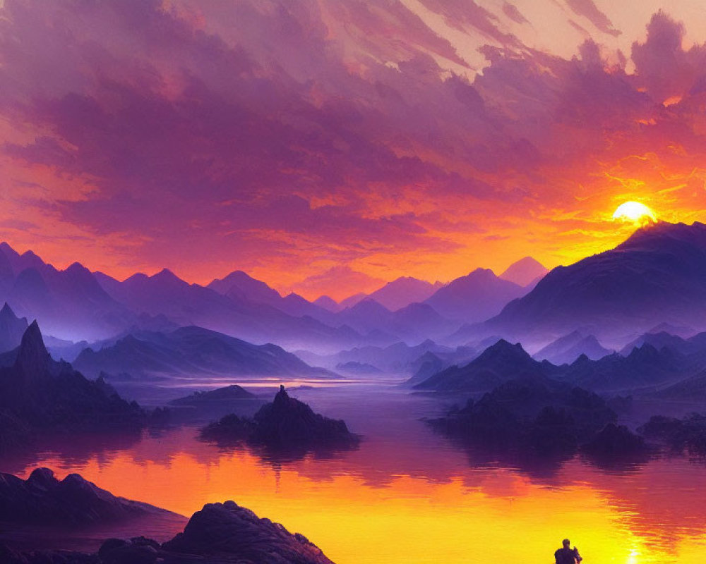 Colorful sunset over mountainous landscape with river and solitary figure