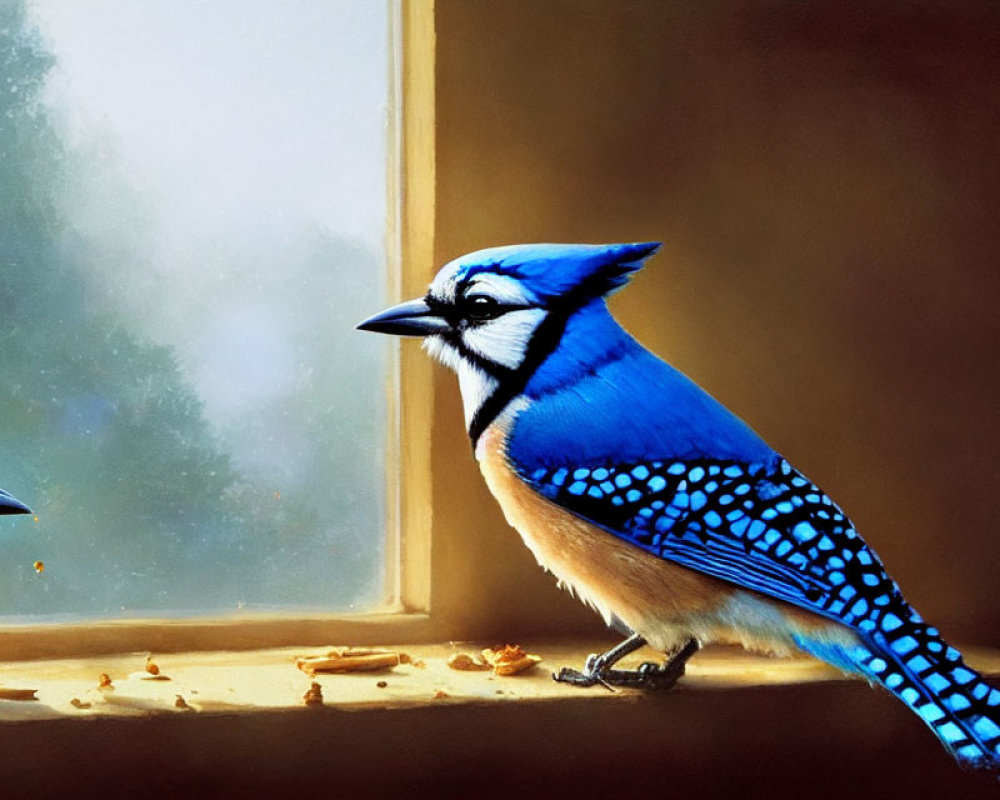 Blue jay perched on windowsill with reflection, scattered seeds, green background