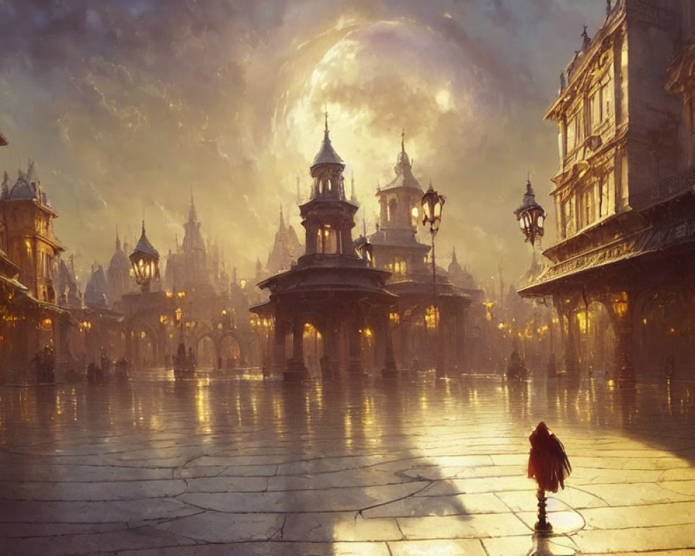 Fantasy cityscape at dusk with large moon, ornate buildings, glowing streetlamps, and