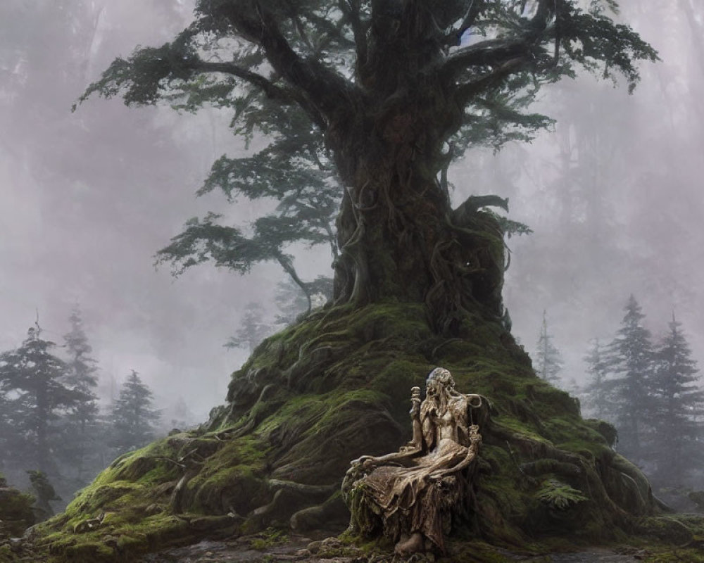 Ethereal forest scene with massive mist-covered tree and mysterious figure