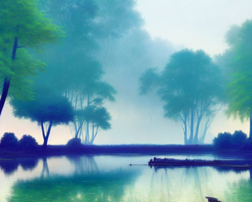 Tranquil misty landscape with reflective water and solitary boat