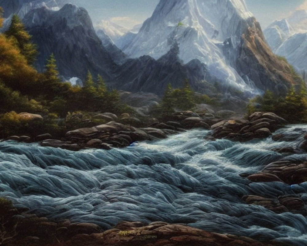 Serene mountain landscape with lush forest, rapid river, and rugged peaks