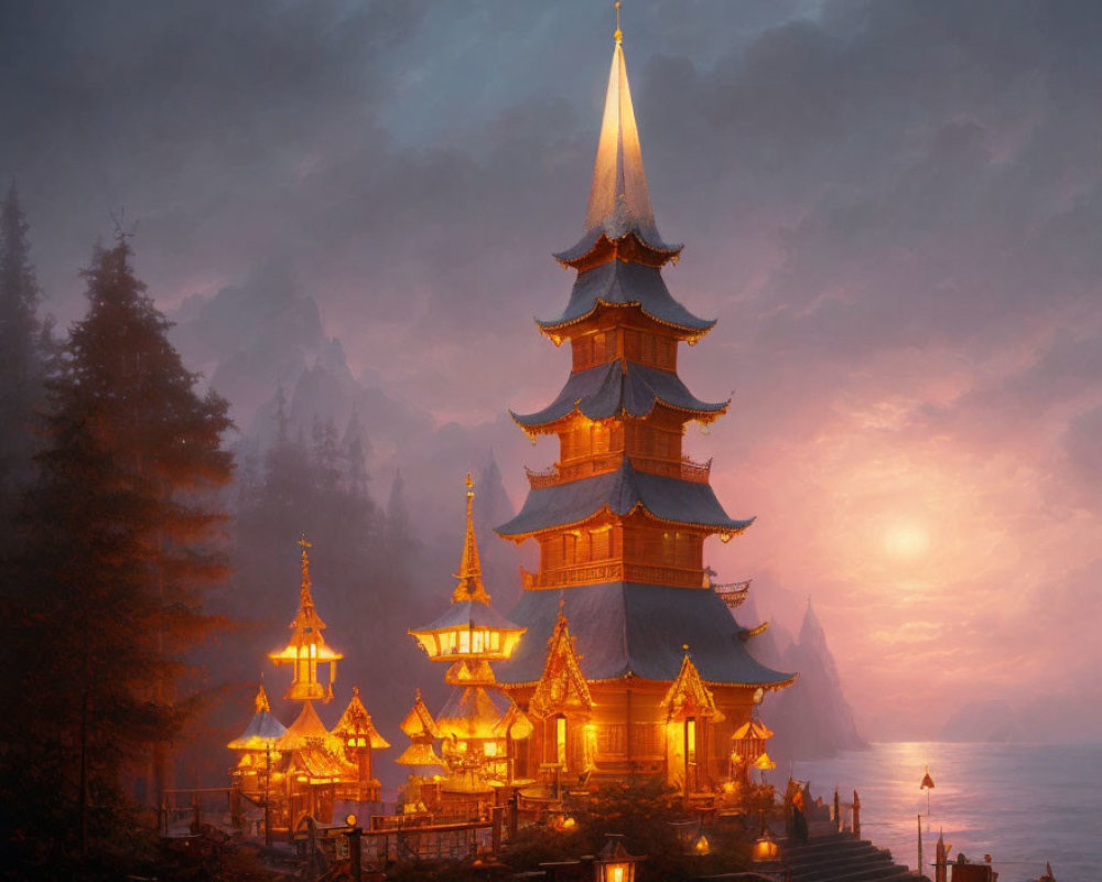 Illuminated multi-tiered pagoda by misty lakeside at sunrise