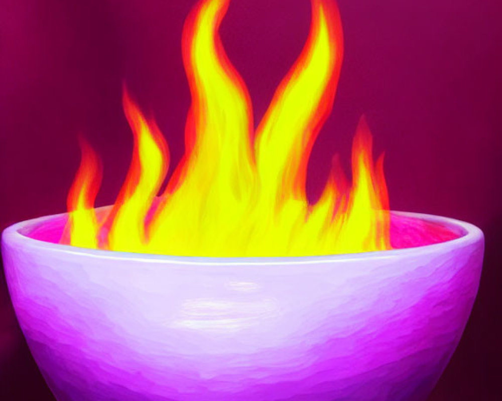 Colorful flames dancing in purple bowl on magenta background
