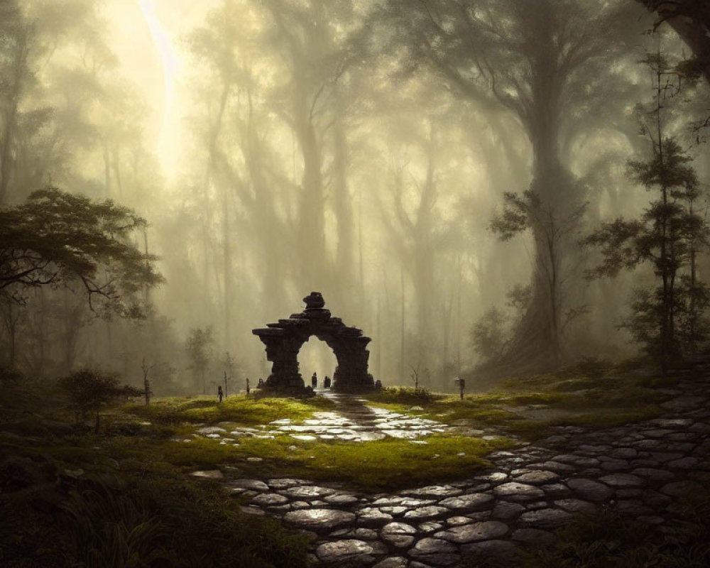 Ethereal forest scene with mist, ancient stone gateway, cobblestone path, and sun rays