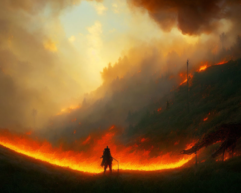 Figure Standing Before Vast Wildfire on Forested Hillside