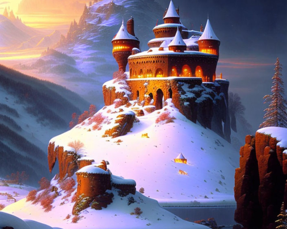 Snow-covered castle on cliff with illuminated windows, pine trees, river, mountains at twilight