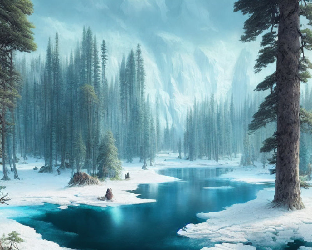 Snow-covered evergreen trees, blue river, misty mountains, clear sky: Winter landscape view
