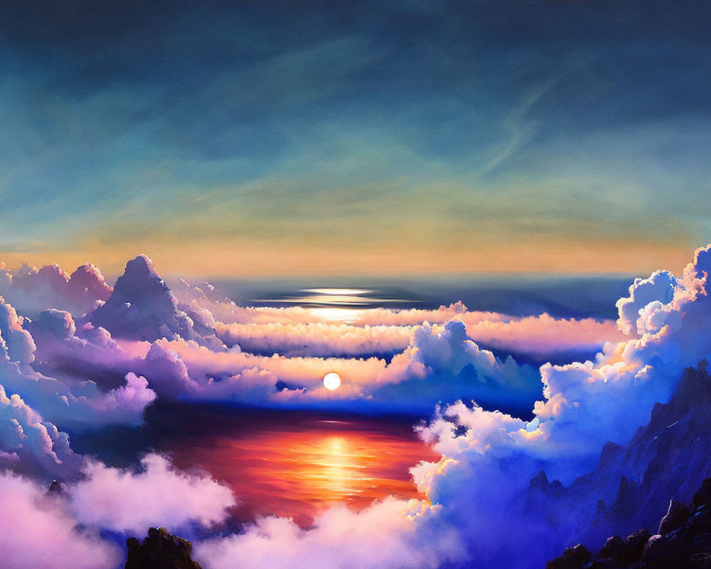 Dramatic sunset painting with cloudy sky, ocean, and mountains