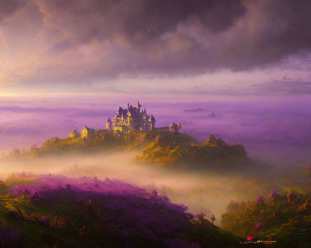 Fantasy castle on hill in purple fog at sunset with vibrant flora