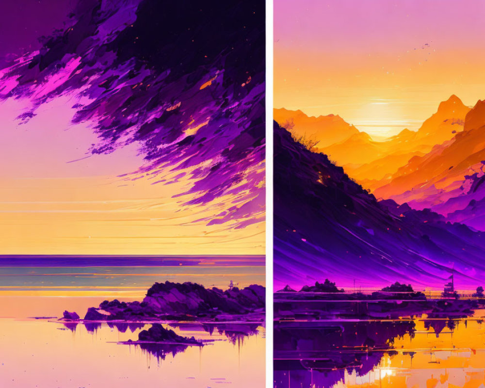 Purple and Gold Sunset Diptych with Skies, Sea, and Mountain Landscape