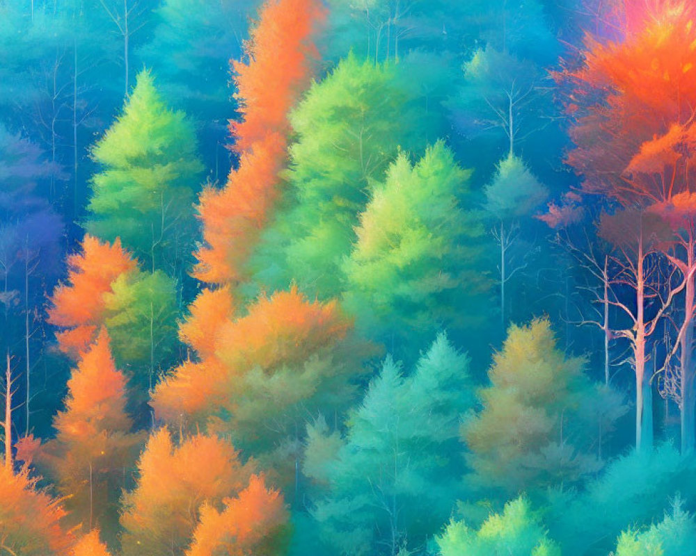 Colorful Forest Scene with Vibrant Trees in Green, Blue, Orange, and Yellow