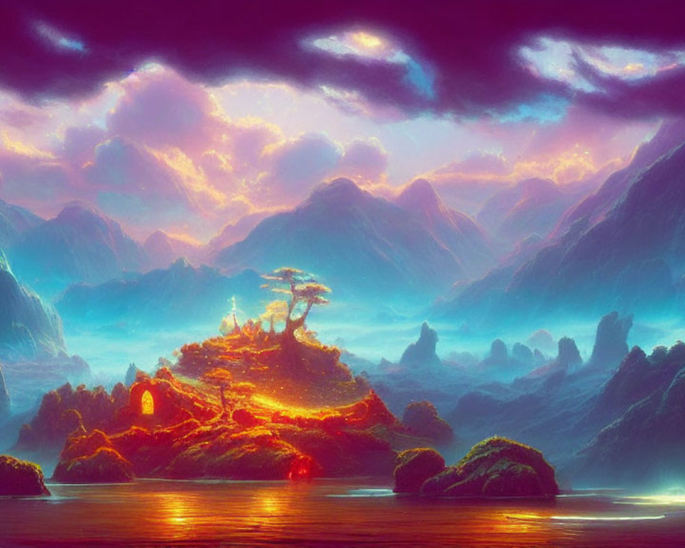 Fantastical landscape with luminous sunset skies, misty mountains, glowing island, and serene water