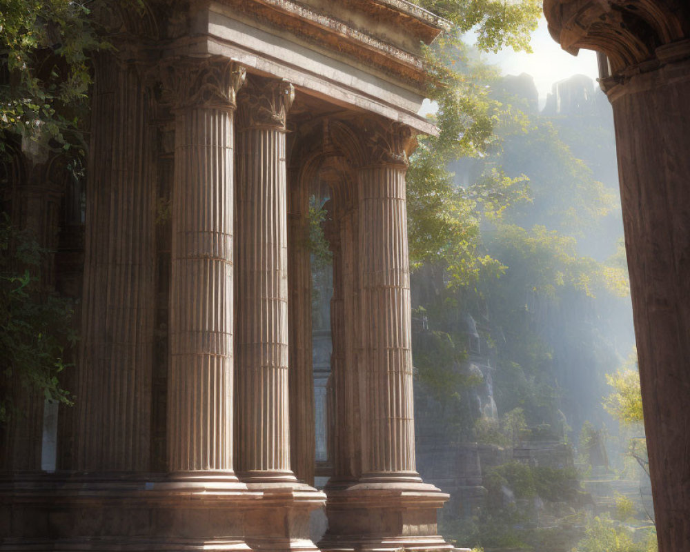 Greco-Roman Style Columns in Serene Forest Setting