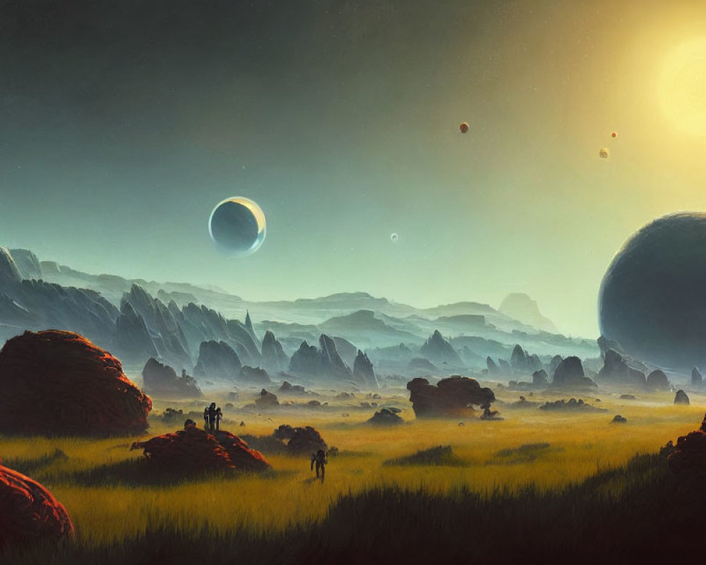 Majestic rock formations, multiple moons, and figures in a surreal landscape.