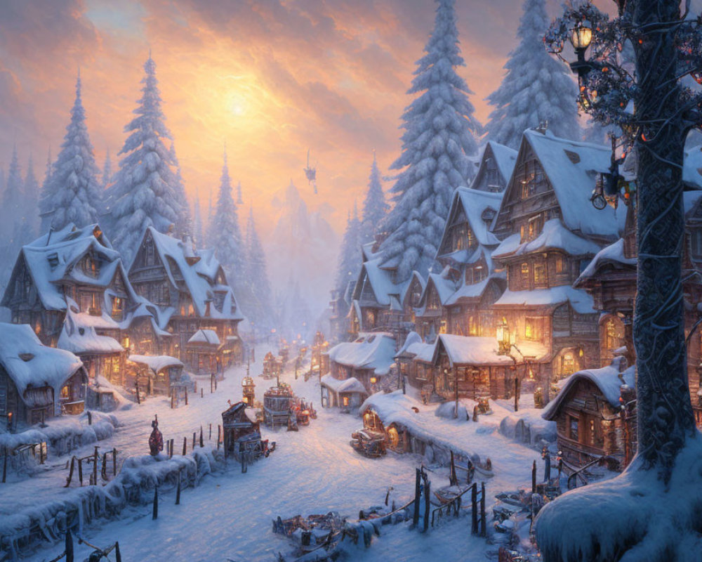 Snowy village at dusk: cozy houses, snowy trees, street lamps, and people under warm,