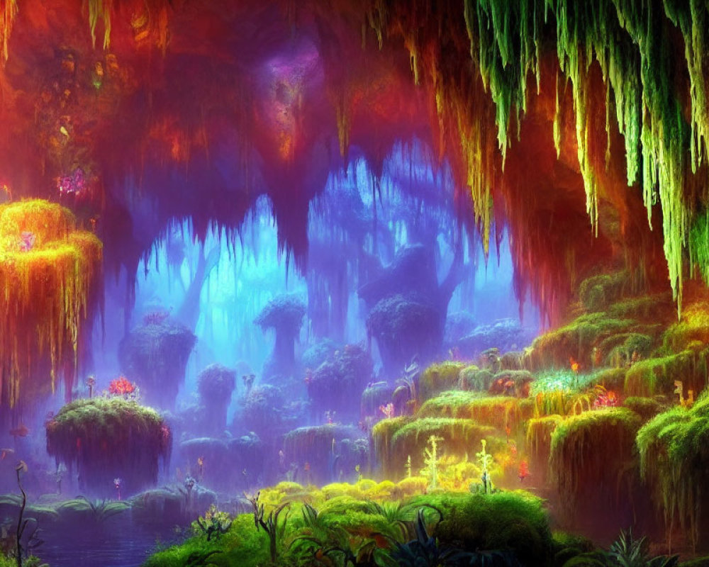 Colorful Fantastical Landscape with Luminous Plants and Ethereal Lighting