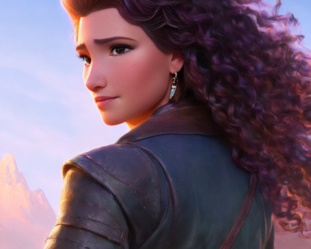 Female animated character with purple curly hair and green leather jacket against mountain backdrop at dusk