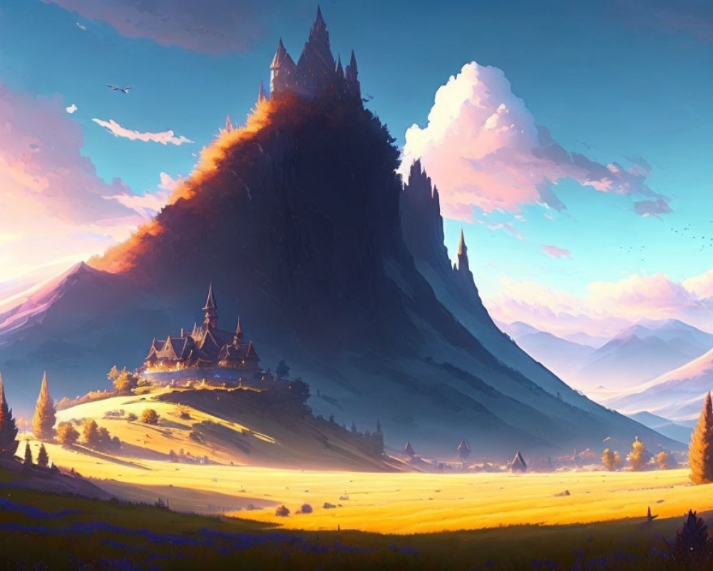 Fantasy landscape with castle on mountain in golden field