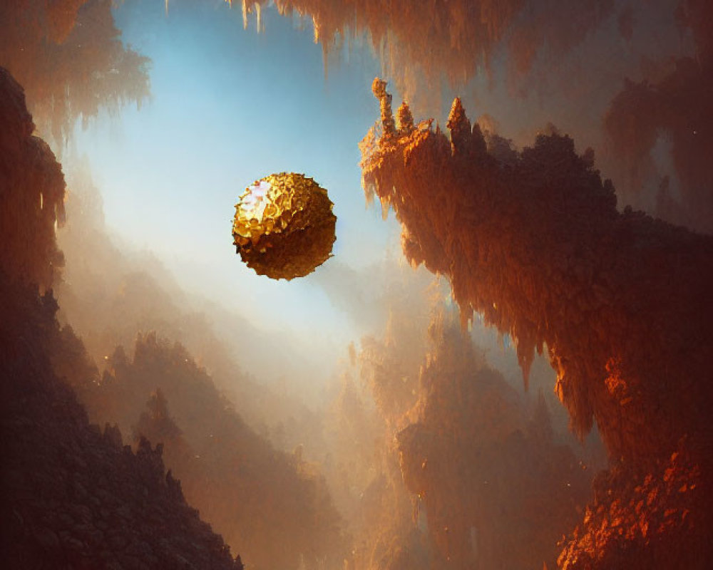 Surreal cavern with floating golden rock and misty light
