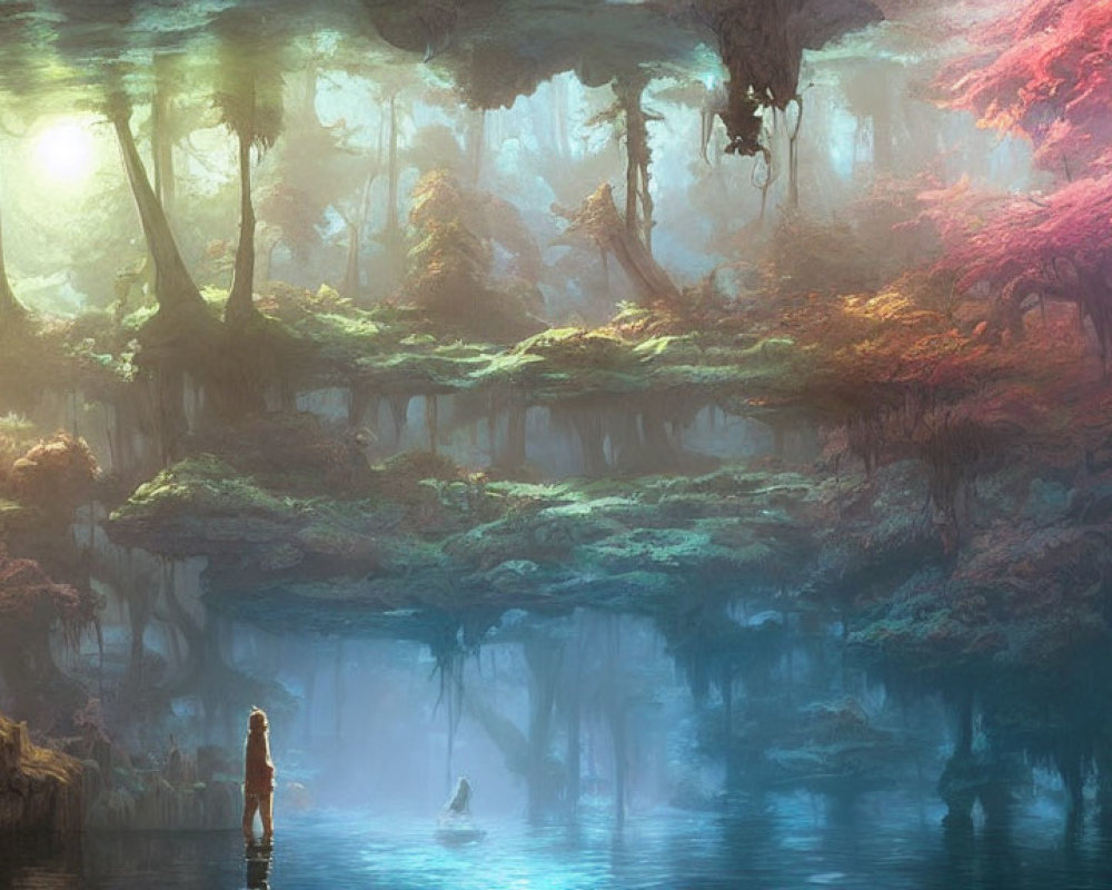 Serene lake in mystical forest with pink trees and figure