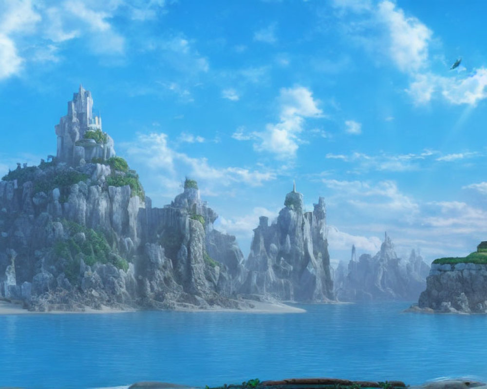 Digital landscape of idyllic castle on cliffs by tranquil waters