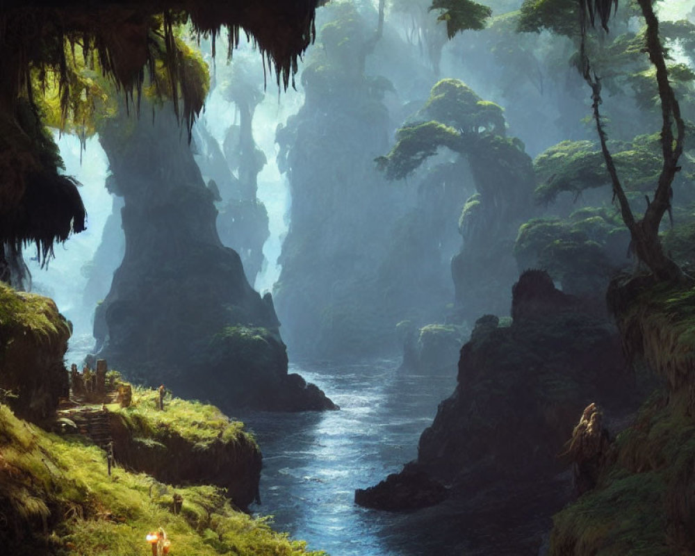 Mystical river in lush canyon with towering rocks and foliage