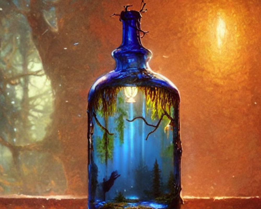Blue Glass Bottle with Painted Forest Scene and Warm Illumination